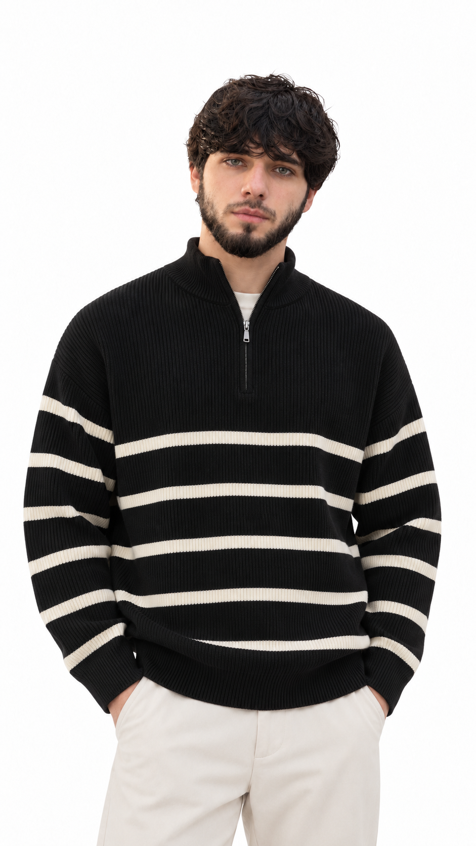 Contrast Stripe Ribbed Half-Zip