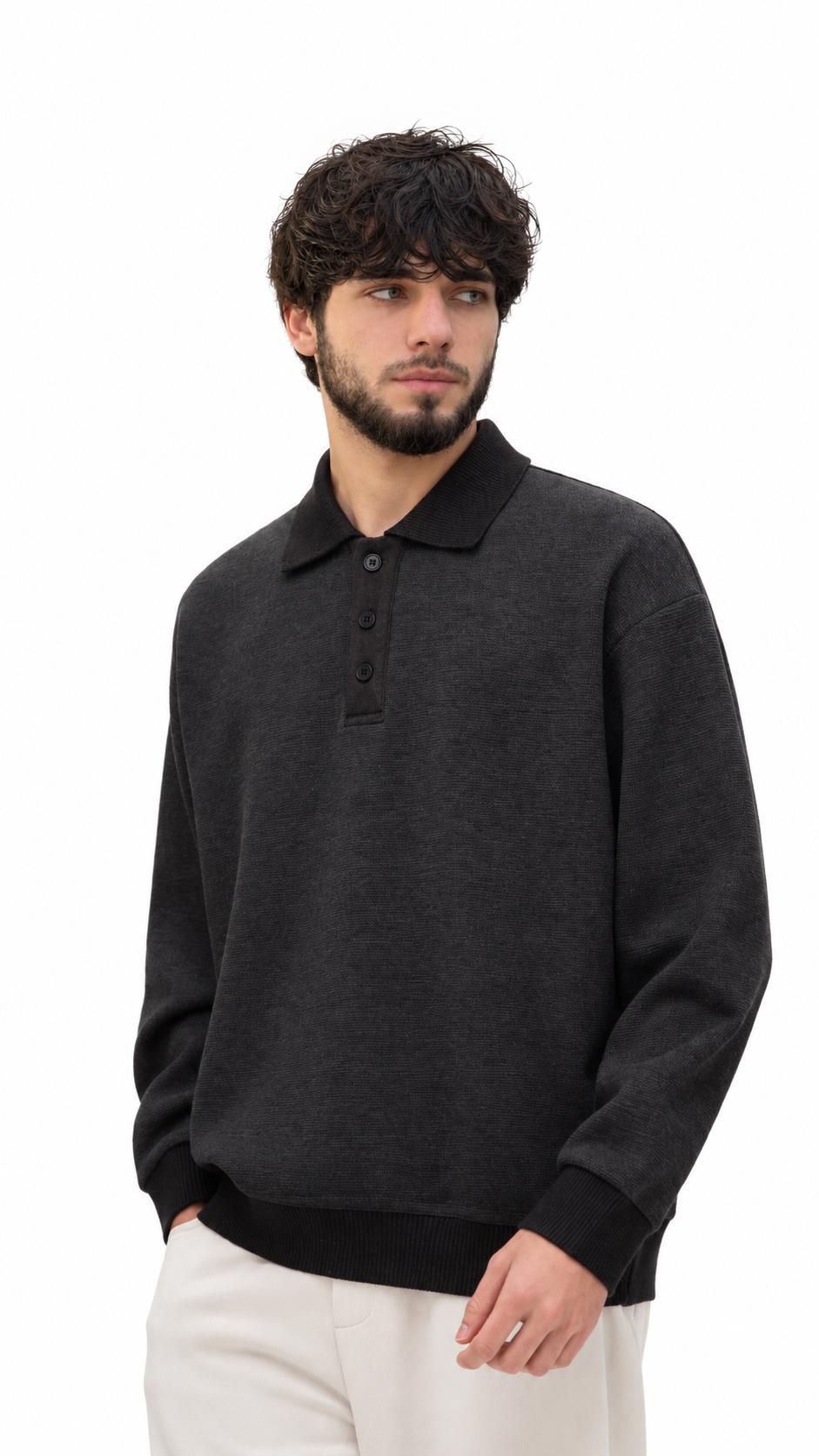 Charcoal Button-Neck Polo Sweater