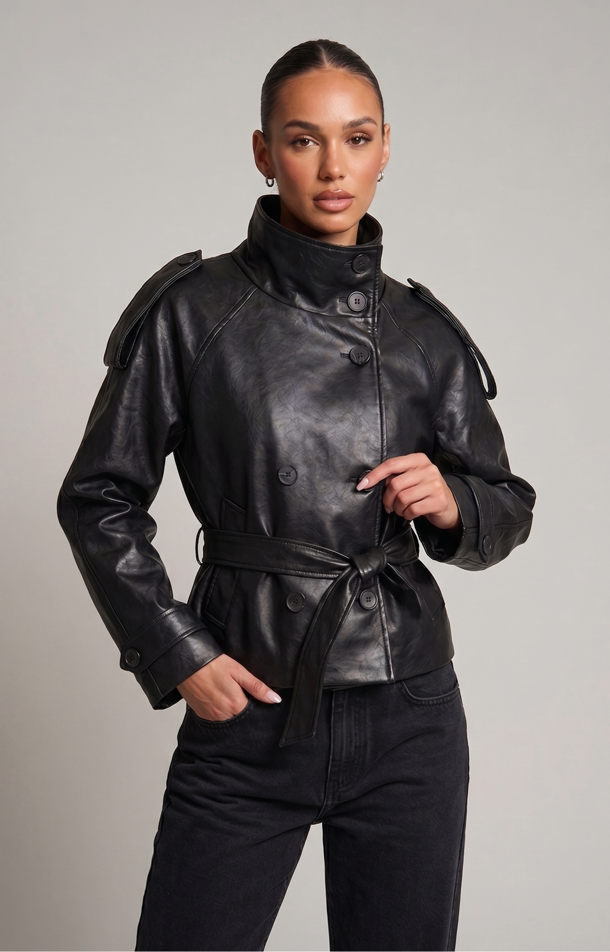 Faux Leather Trench Coat
