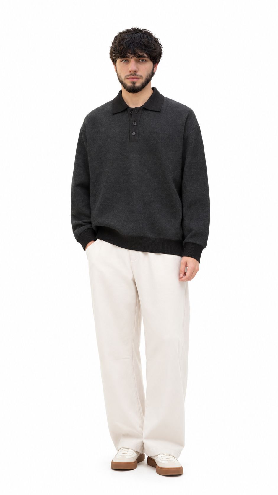 Charcoal Button-Neck Polo Sweater