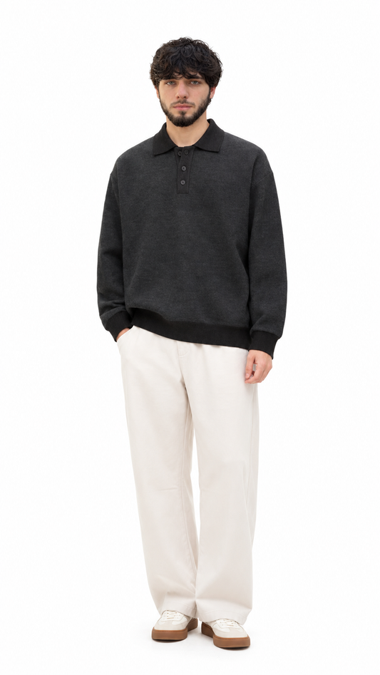 Charcoal Button-Neck Polo Sweater