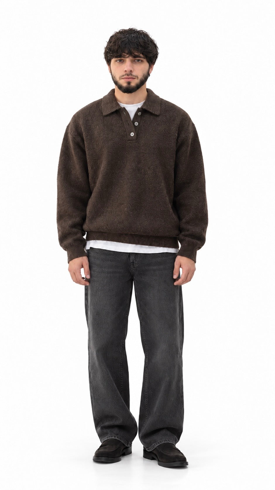 Textured Knit Polo Sweater