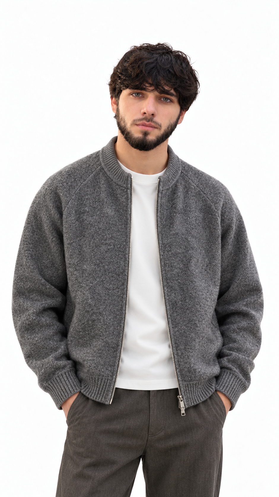Textured Bomber Zip Cardigan