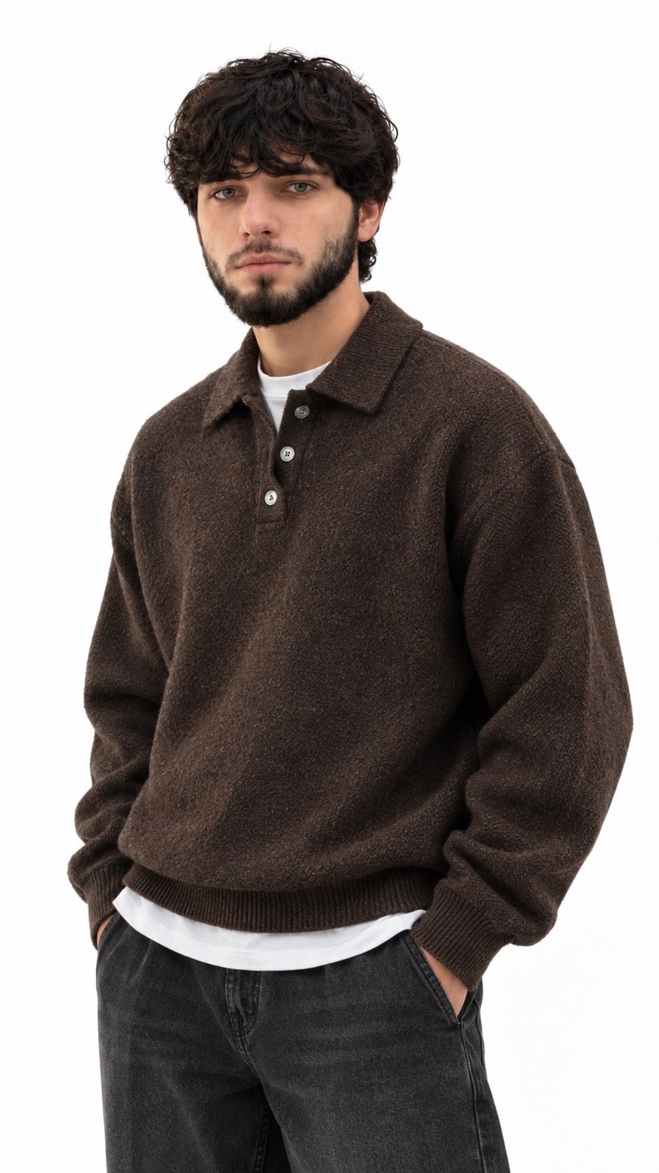 Textured Knit Polo Sweater
