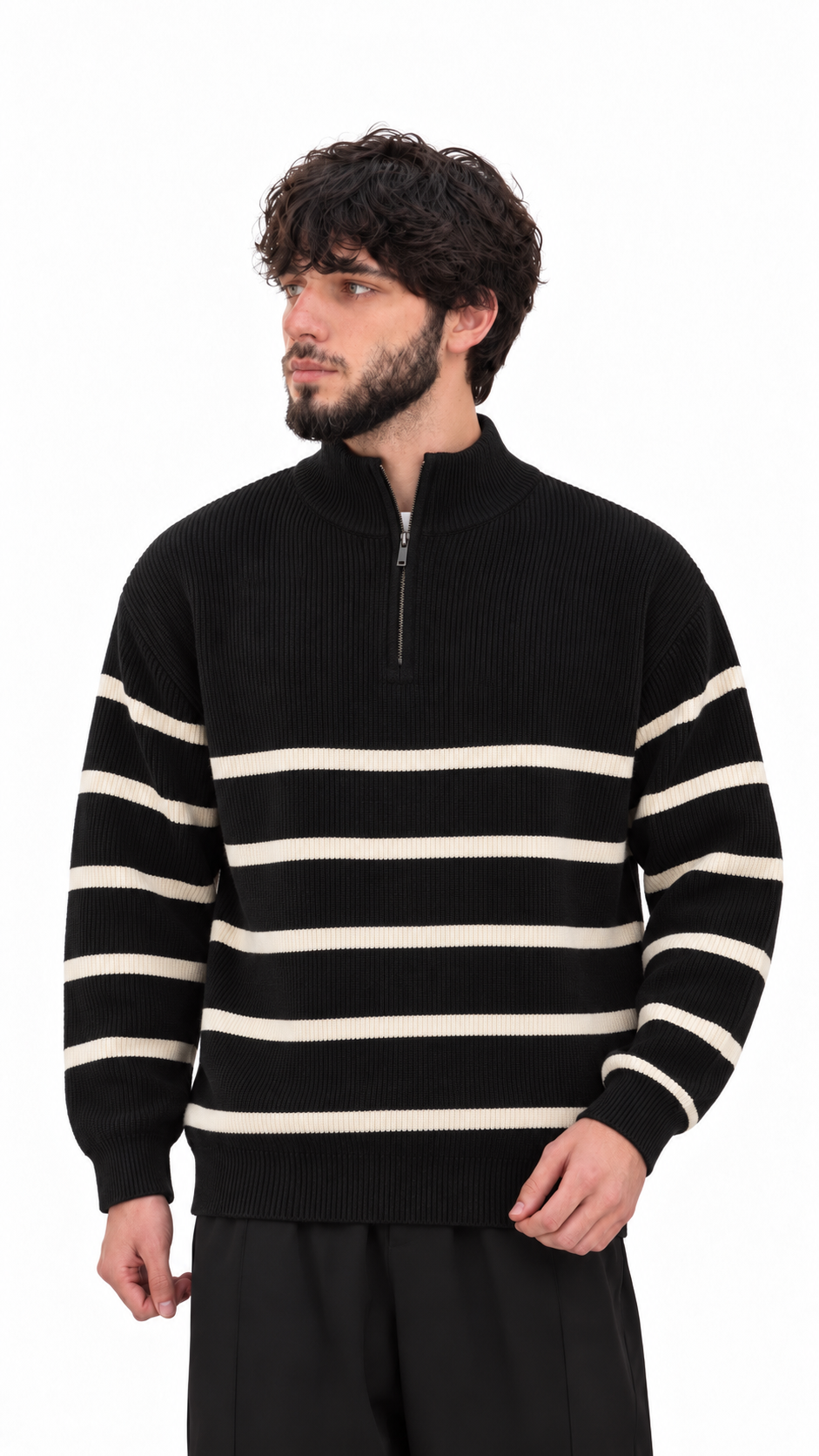 Contrast Stripe Ribbed Half-Zip