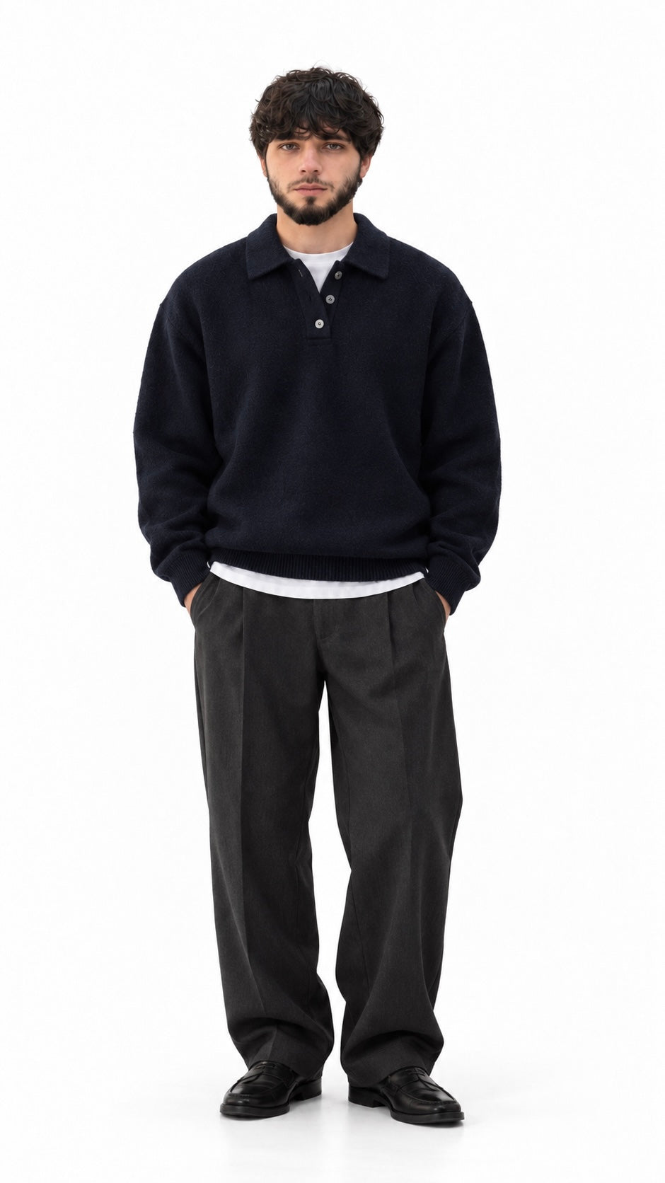 Textured Knit Polo Sweater