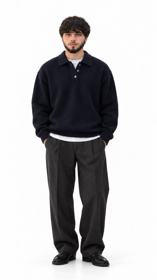 Textured Knit Polo Sweater