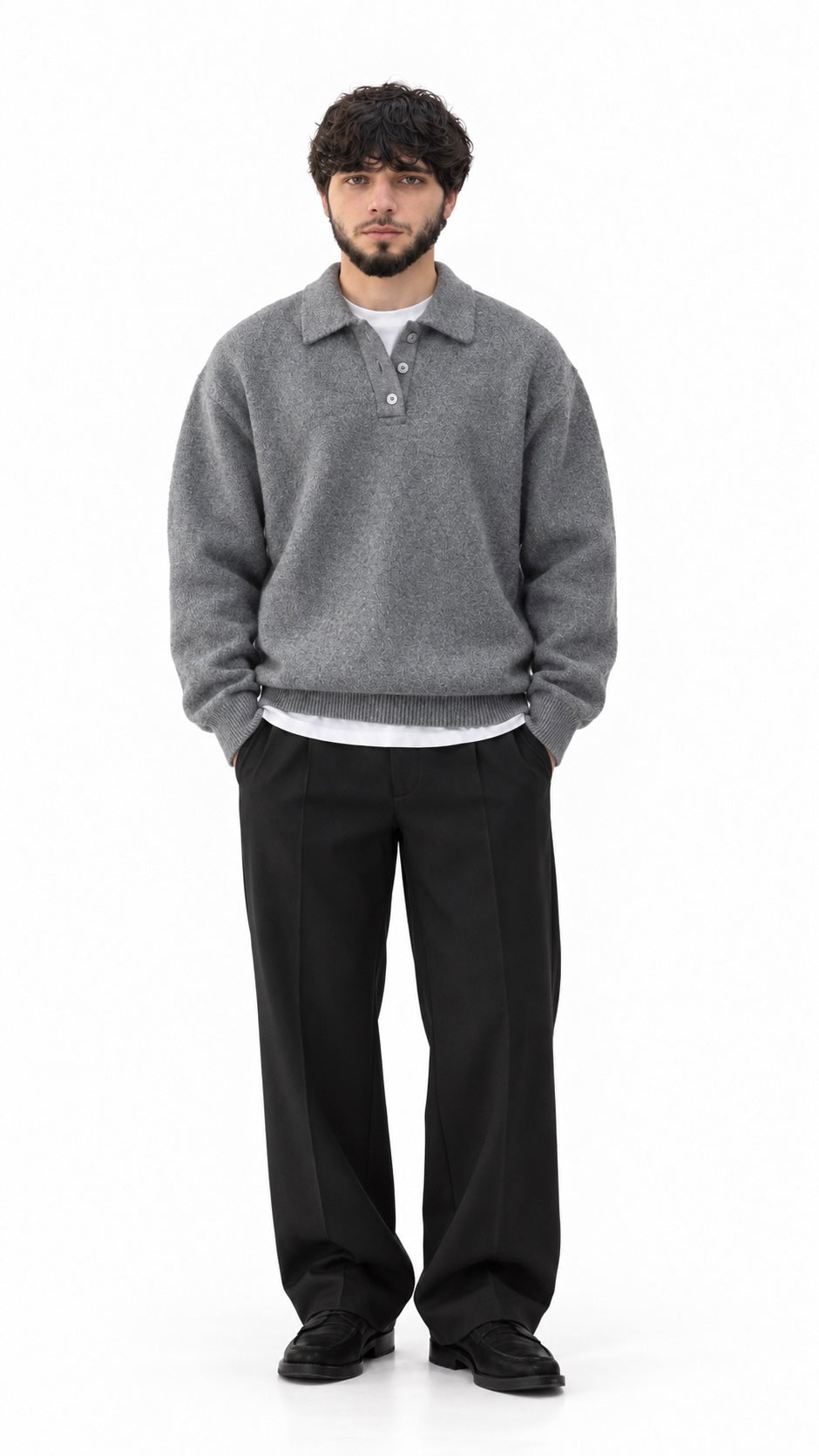 Textured Knit Polo Sweater
