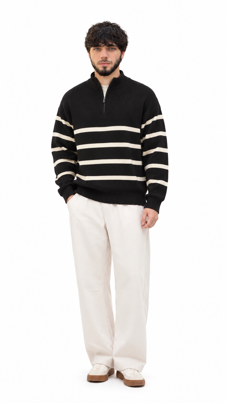Contrast Stripe Ribbed Half-Zip