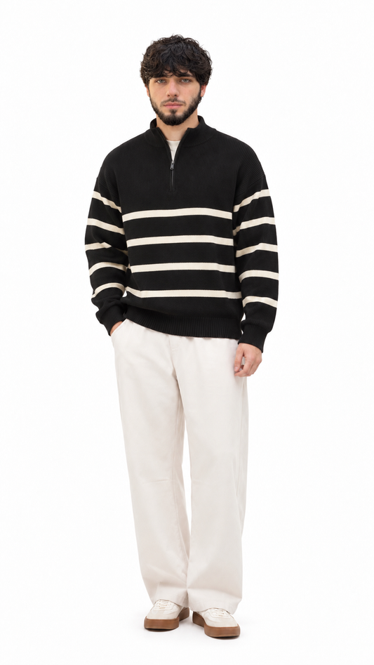 Contrast Stripe Ribbed Half-Zip
