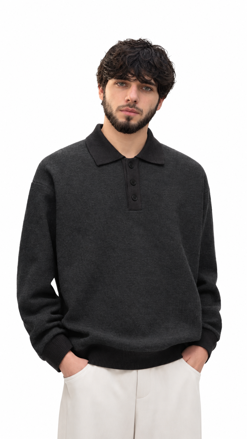 Charcoal Button-Neck Polo Sweater